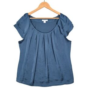 Dressbarn Women's Steel Blue Pleated Flutter Sleeve Satin Blouse XL